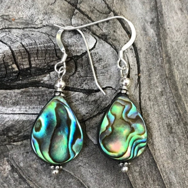 Teardrop-shaped abalone shell hook earrings 