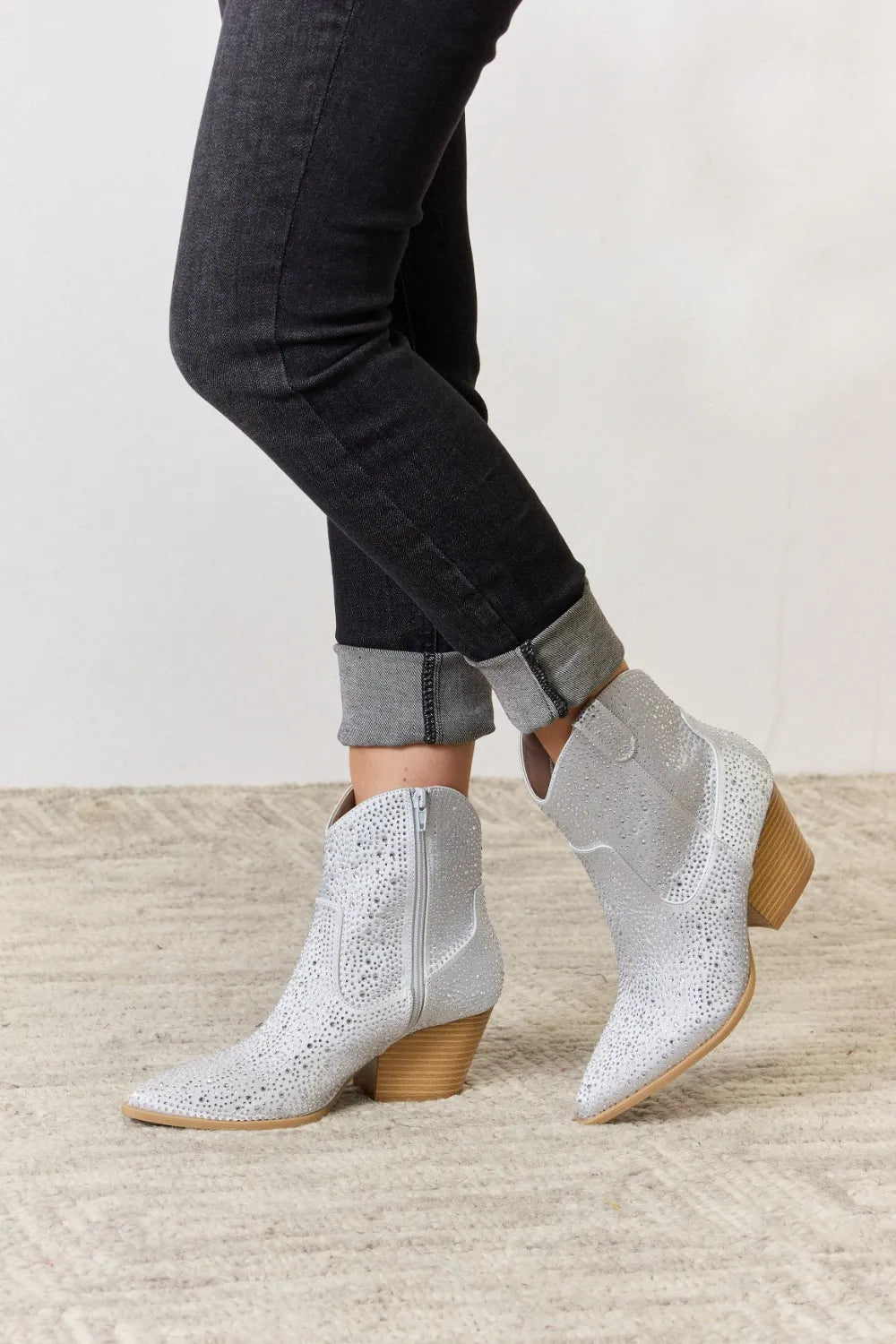 silver glittery ankle boots with wooden block heels with instep zipper