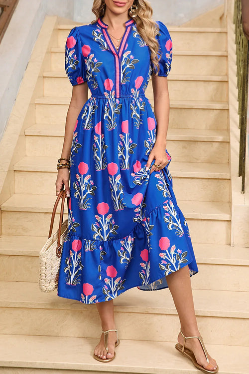 Big Floral Ruffle Hem Pop of Color Dress Sky Blue Shewin Midi Dresses