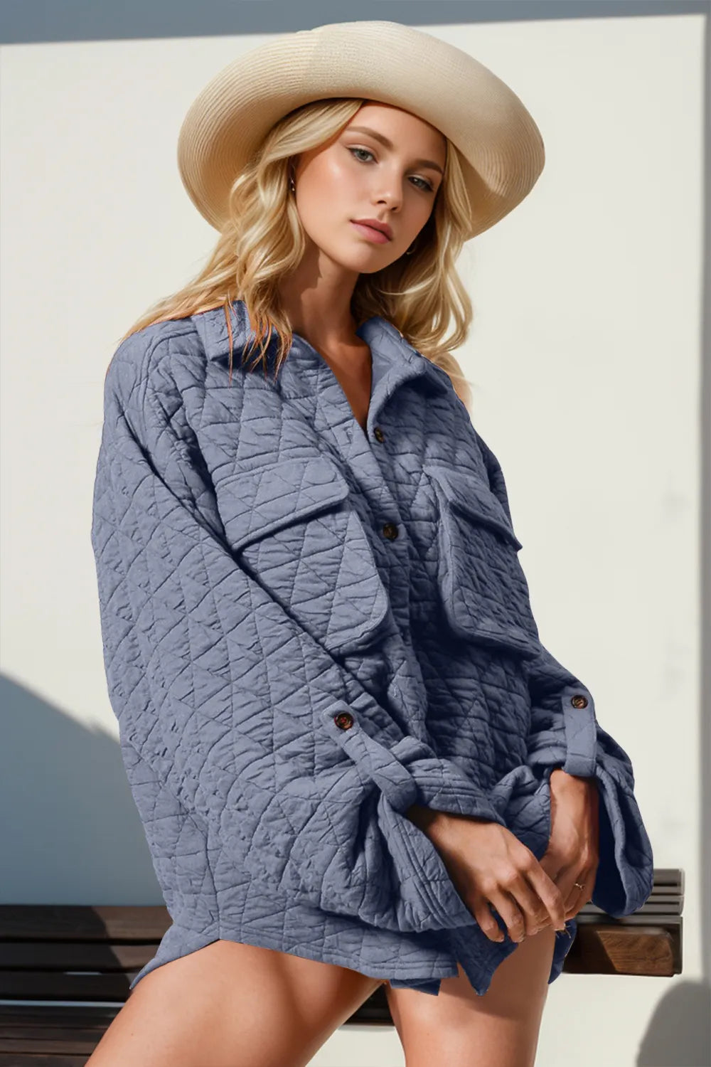 Slate Blue Button Up Quilted Shacket with Chest Pockets