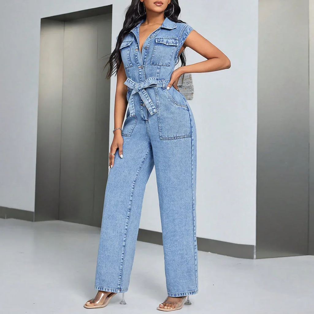 Sleeveless Denim Tie Waist Jumpsuit Bazaare Mart Denim Overalls