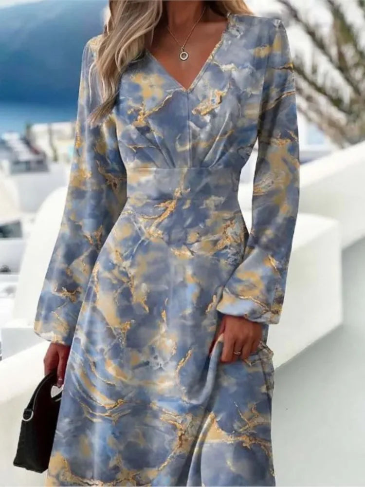 Slim Fit Printed V-neck Long Sleeve Dress Bazaare Mart Long Sleeve Midi Dress