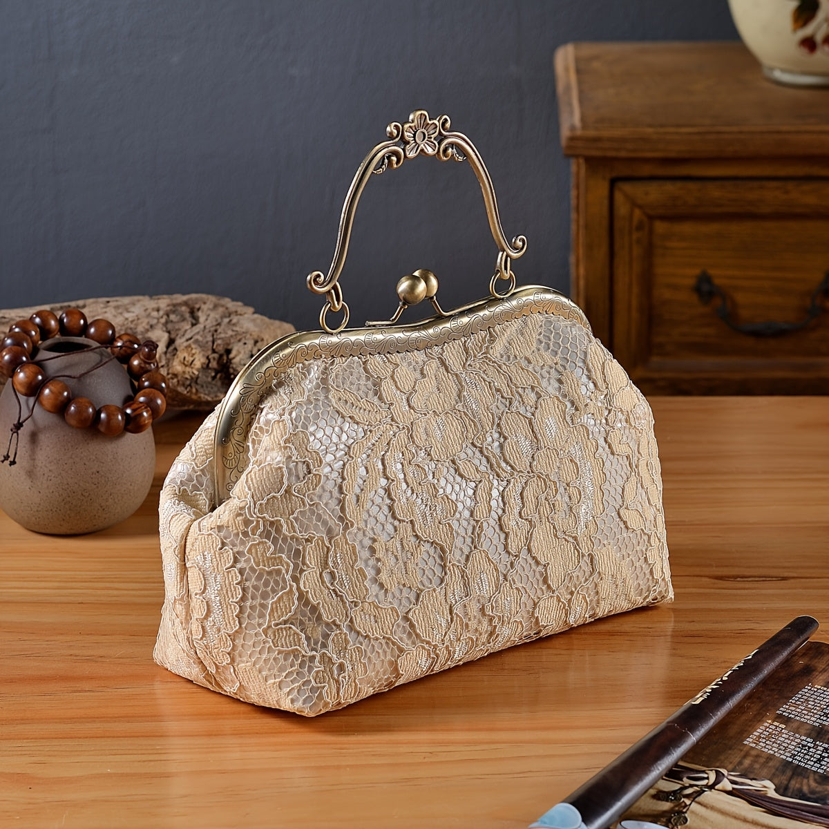 Small Floral Lace and Gold Handbag 