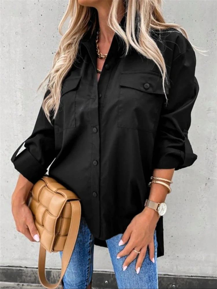 Black  Long Rolled Sleeve Button Up Shirt