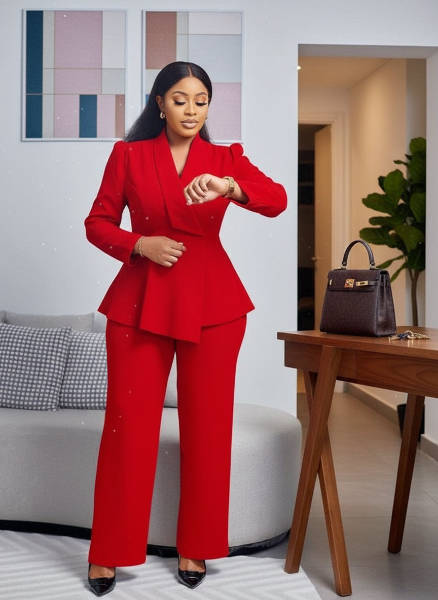 Red Plus Size Wide-leg Pants Suit