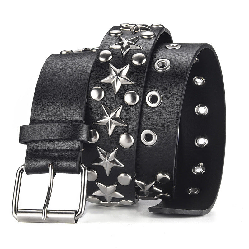 Black leather belt with silver star and circle studs 