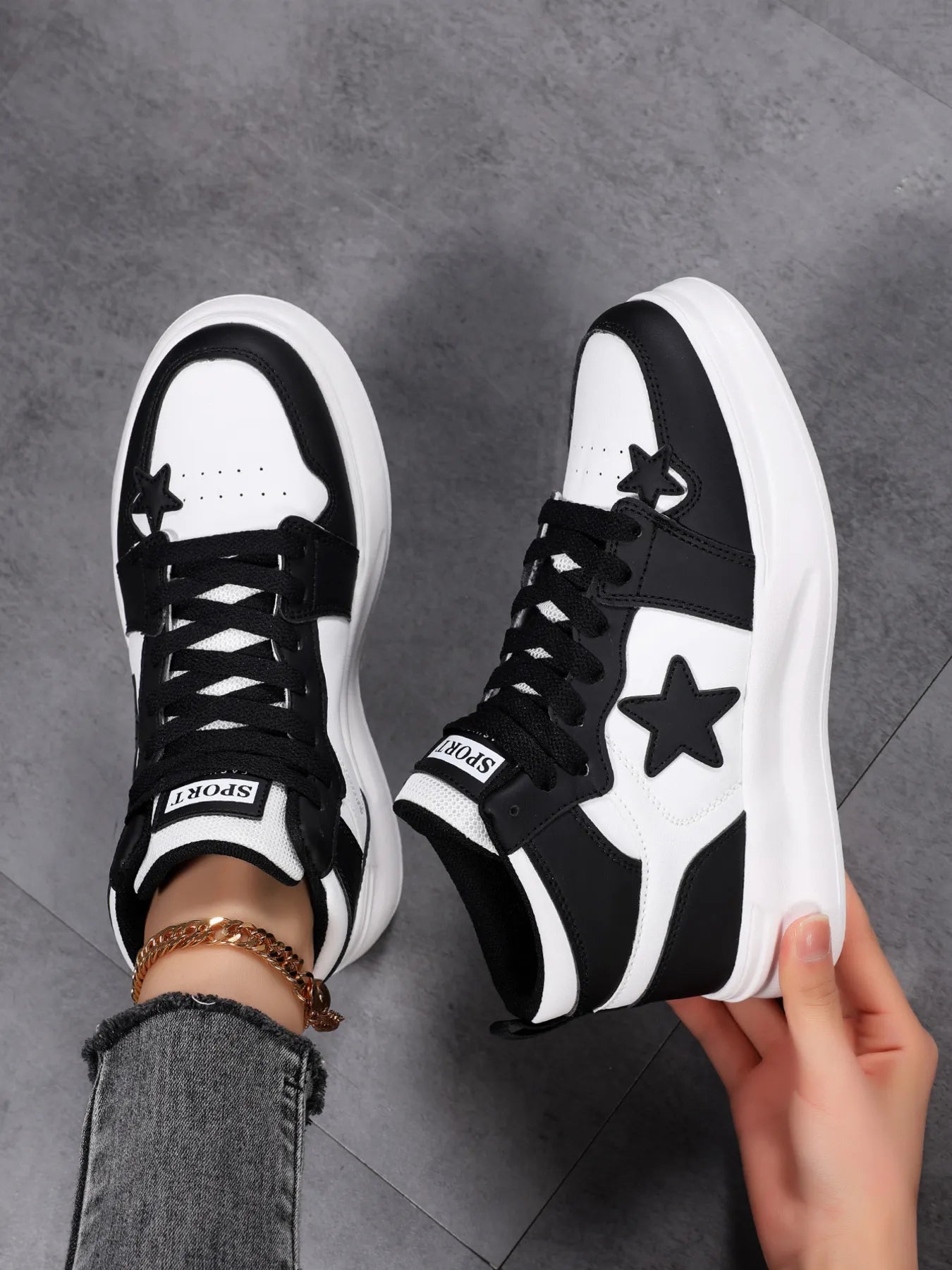 B&W Star Pattern Lace Up High Top Sneakers