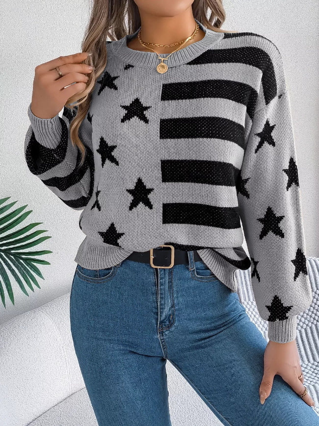 Grey Stars and Stripes Round Neck Sweater