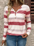 Strawberry Contrast Striped V-Neck Long Sleeve T-Shirt Blush Pink Bazaare Mart Contrast Striped V-Neck Long Sleeve T-Shirt