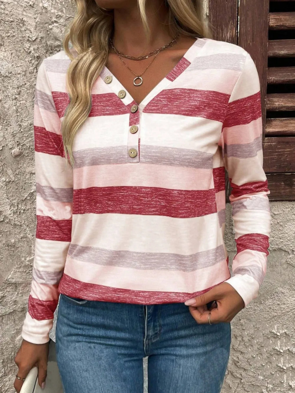 Strawberry Contrast Striped V-Neck Long Sleeve T-Shirt