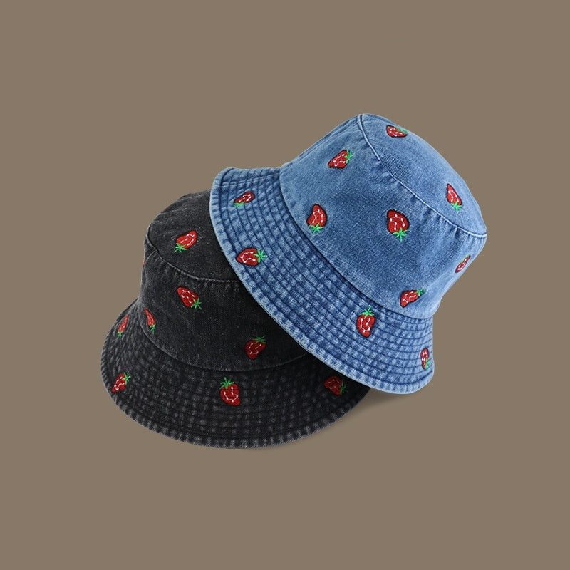 Strawberry Embroidered Denim Bucket Hat