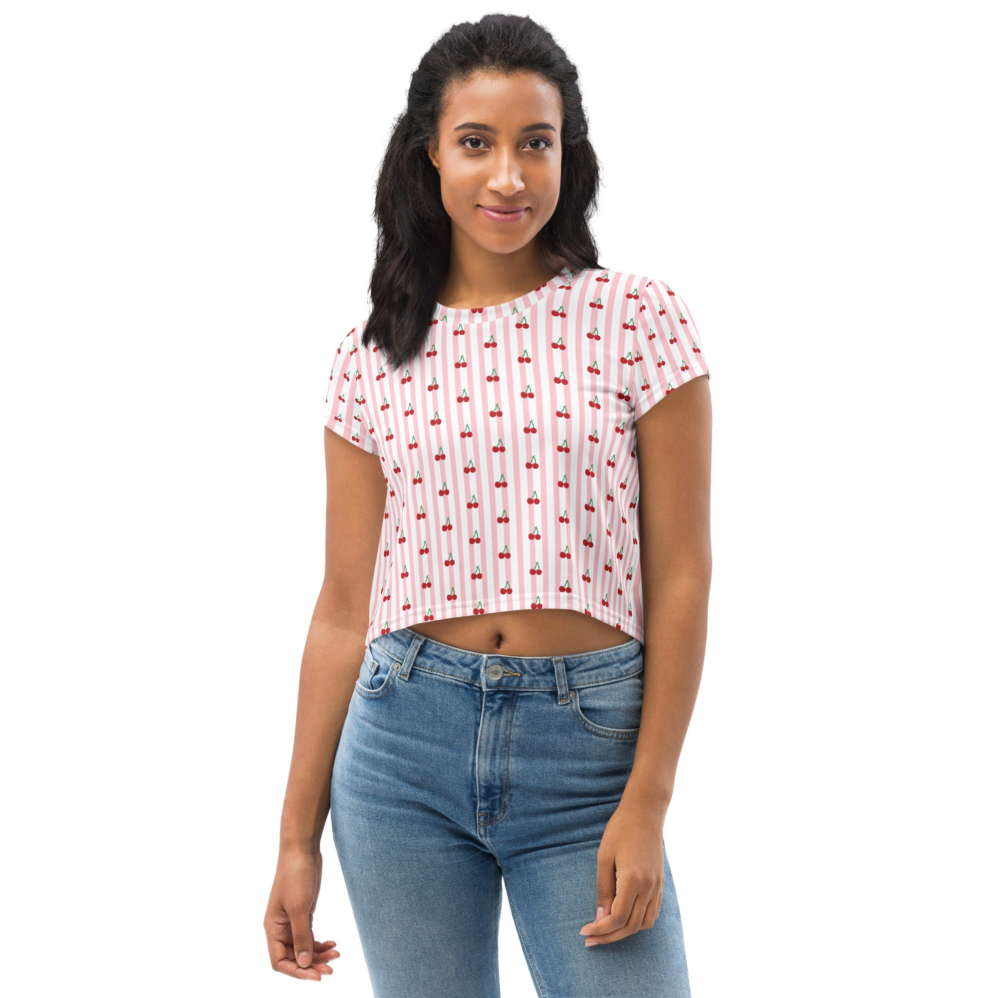 Striped Cherries Crop Short Sleeve Tee
