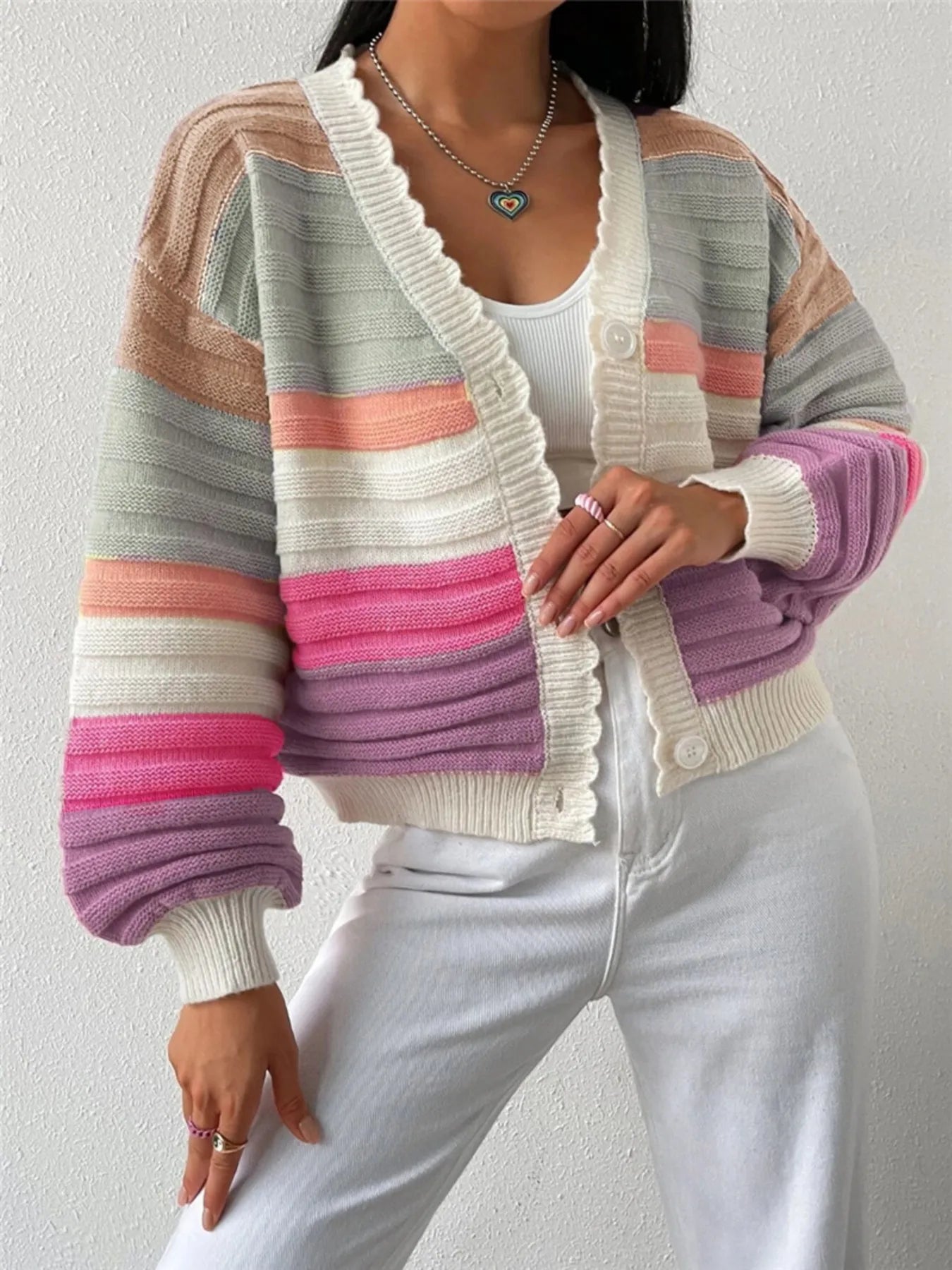 Pastel Rainbow 3D Striped Cropped Cardigan with Balloon Sleeves