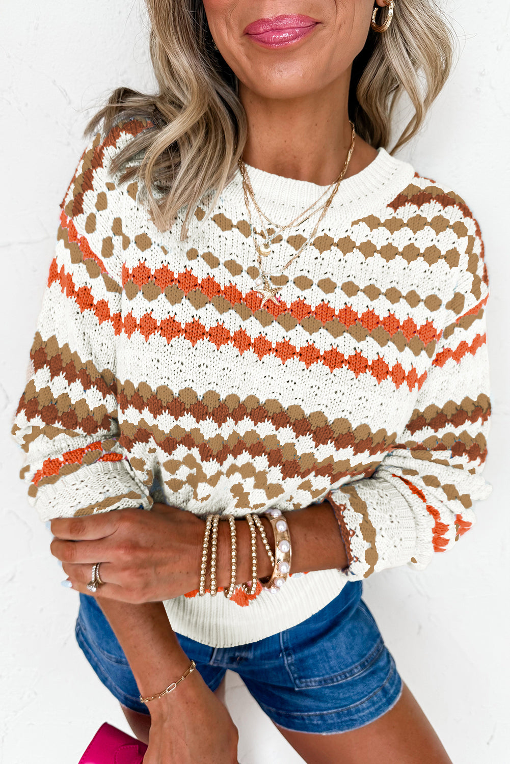 White, brown, orange Striped Drop Shoulder Sweater