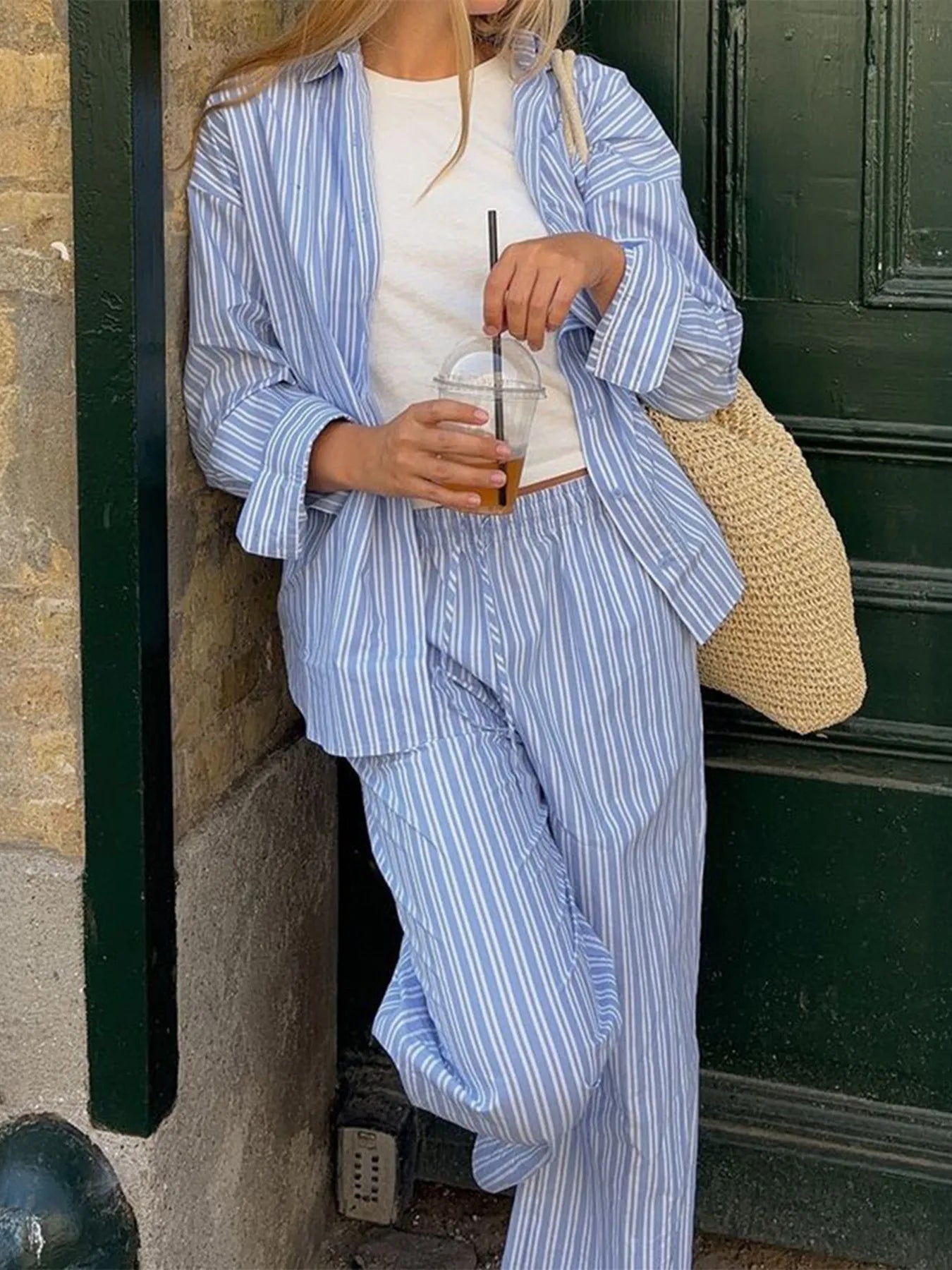 Blue Striped Long Sleeve Button Up Shirt and Pants Set