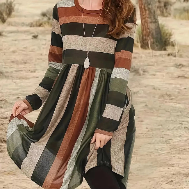Striped Earth Tone Round-neck Long Sleeve Dress