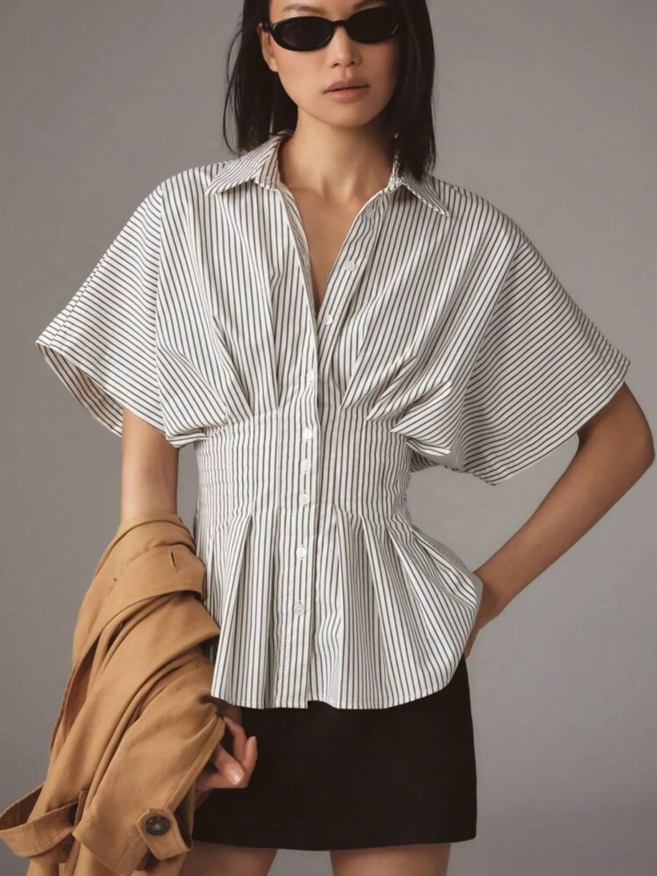 Grey Striped Short Sleeve Cinched Waist Button-Up Shirt
