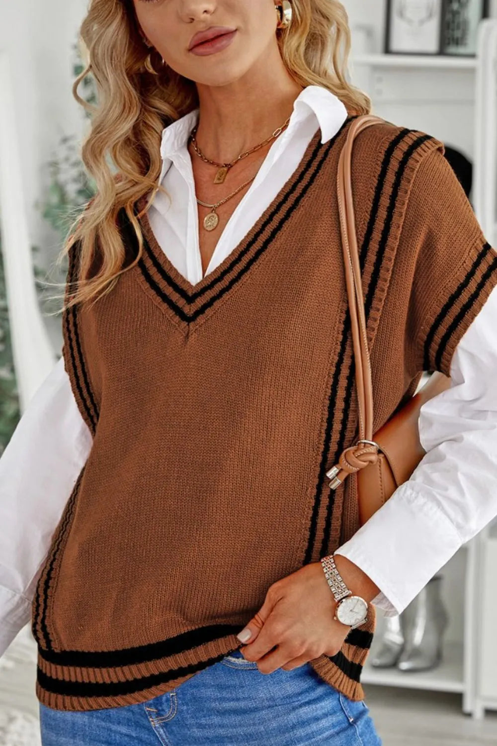 Brown and Black Striped Trim V-Neck Sweater Vest