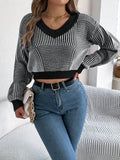 Striped V-Neck Long Sleeve Cropped Sweater Black Bazaare Mart Striped V-Neck Long Sleeve Sweater