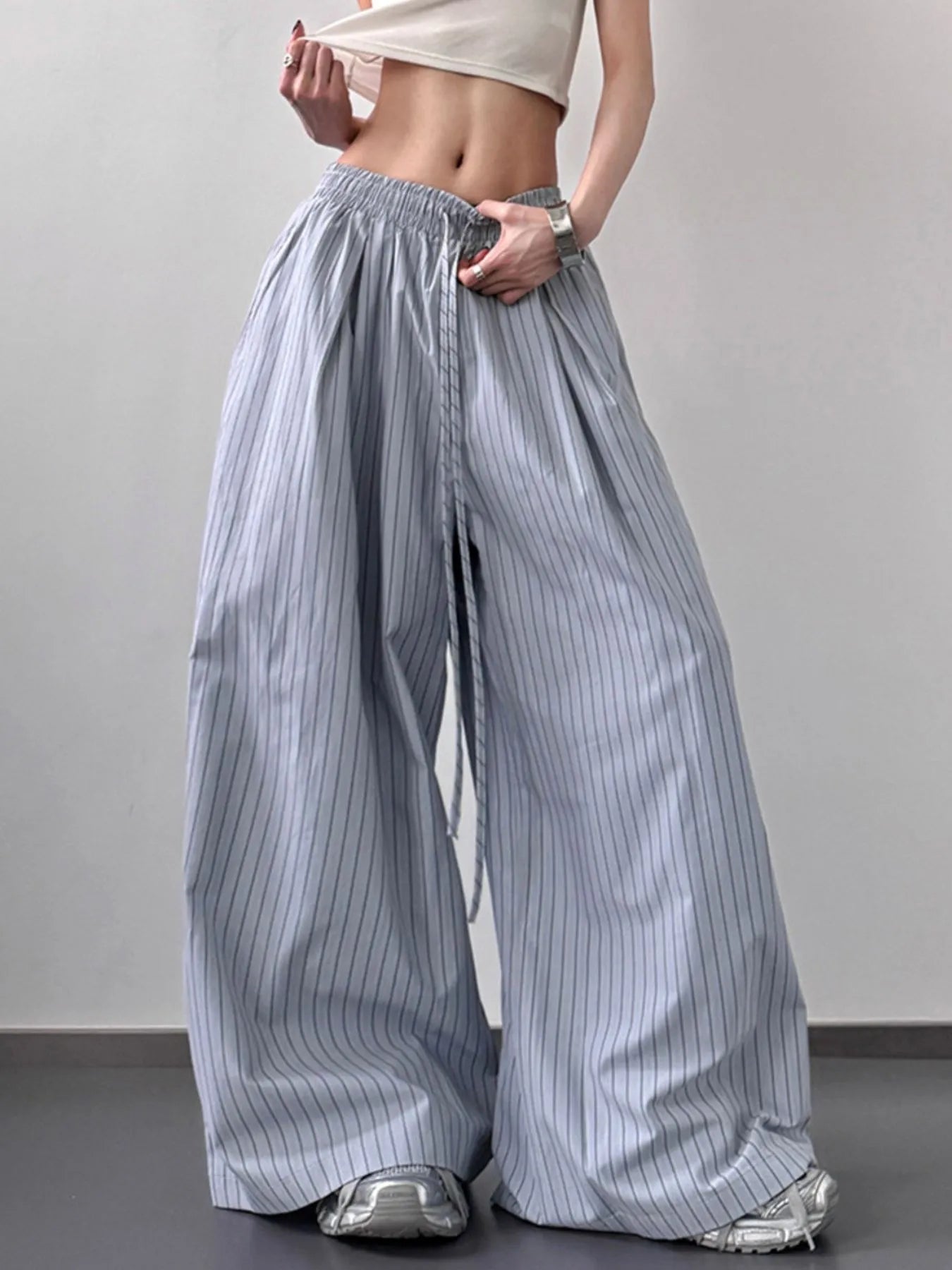 Blue Striped Wide Leg Drawstring Pants