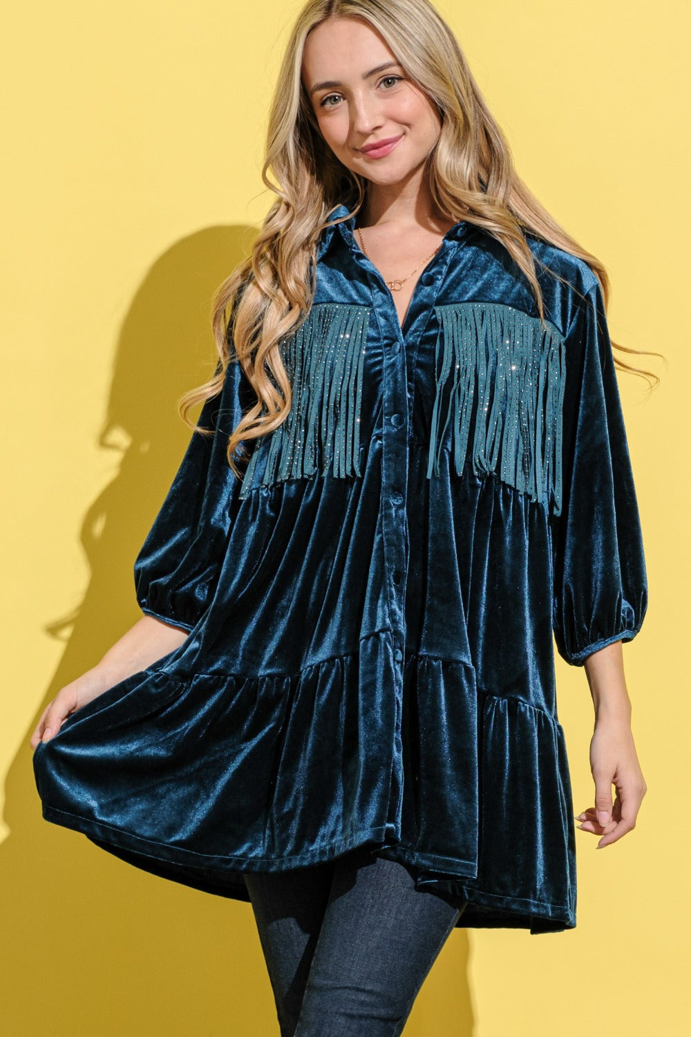 Teal Fringe Velvet Shirt