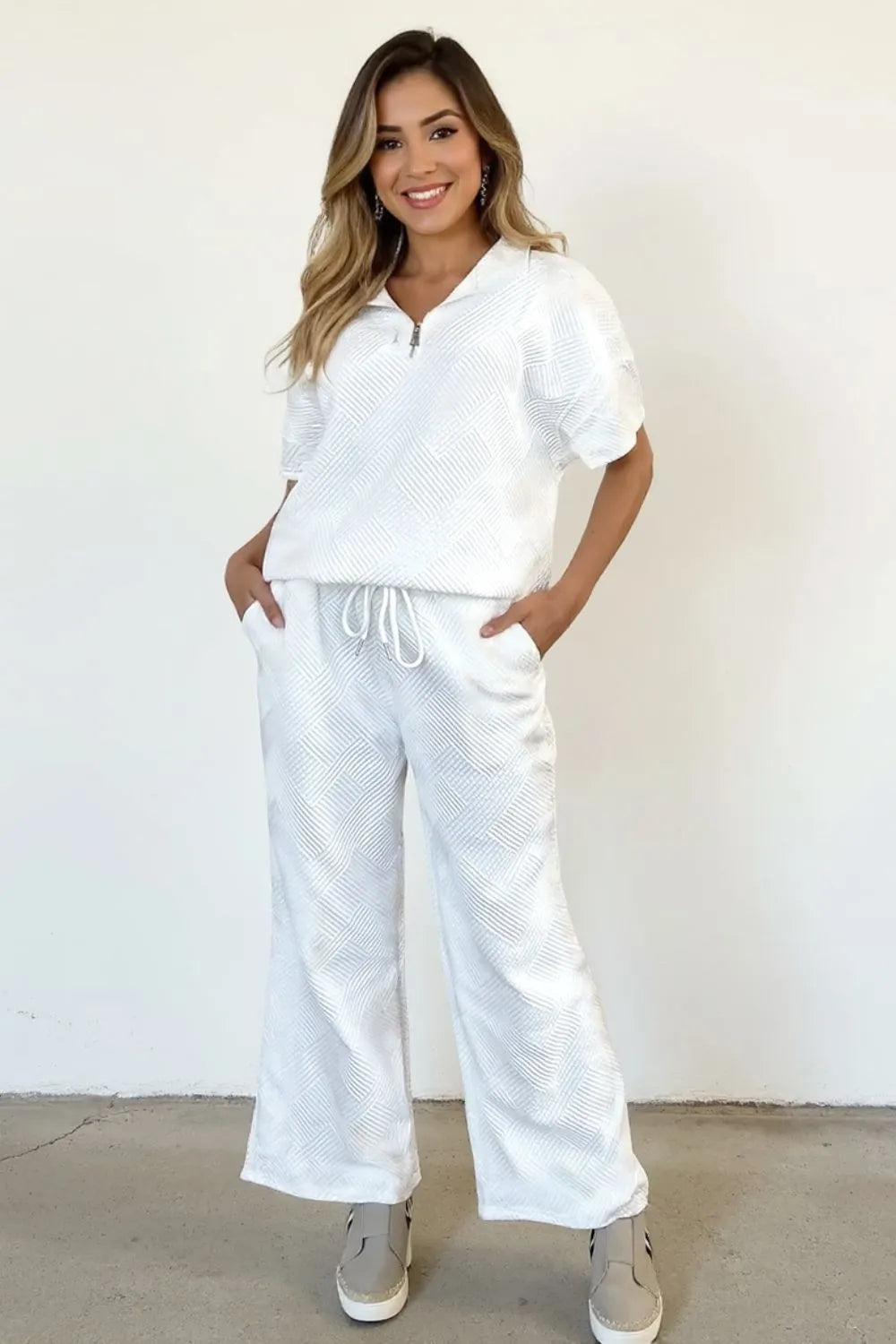Solid White Texture Half Zip Short Sleeve Top and Cropped Boot Cut Pants Set
