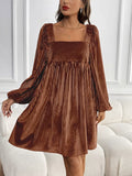Textured Velvet Square Neck Long Sleeve Dress Brown Bazaare Mart Long Sleeve Square Neck Velvet Dress