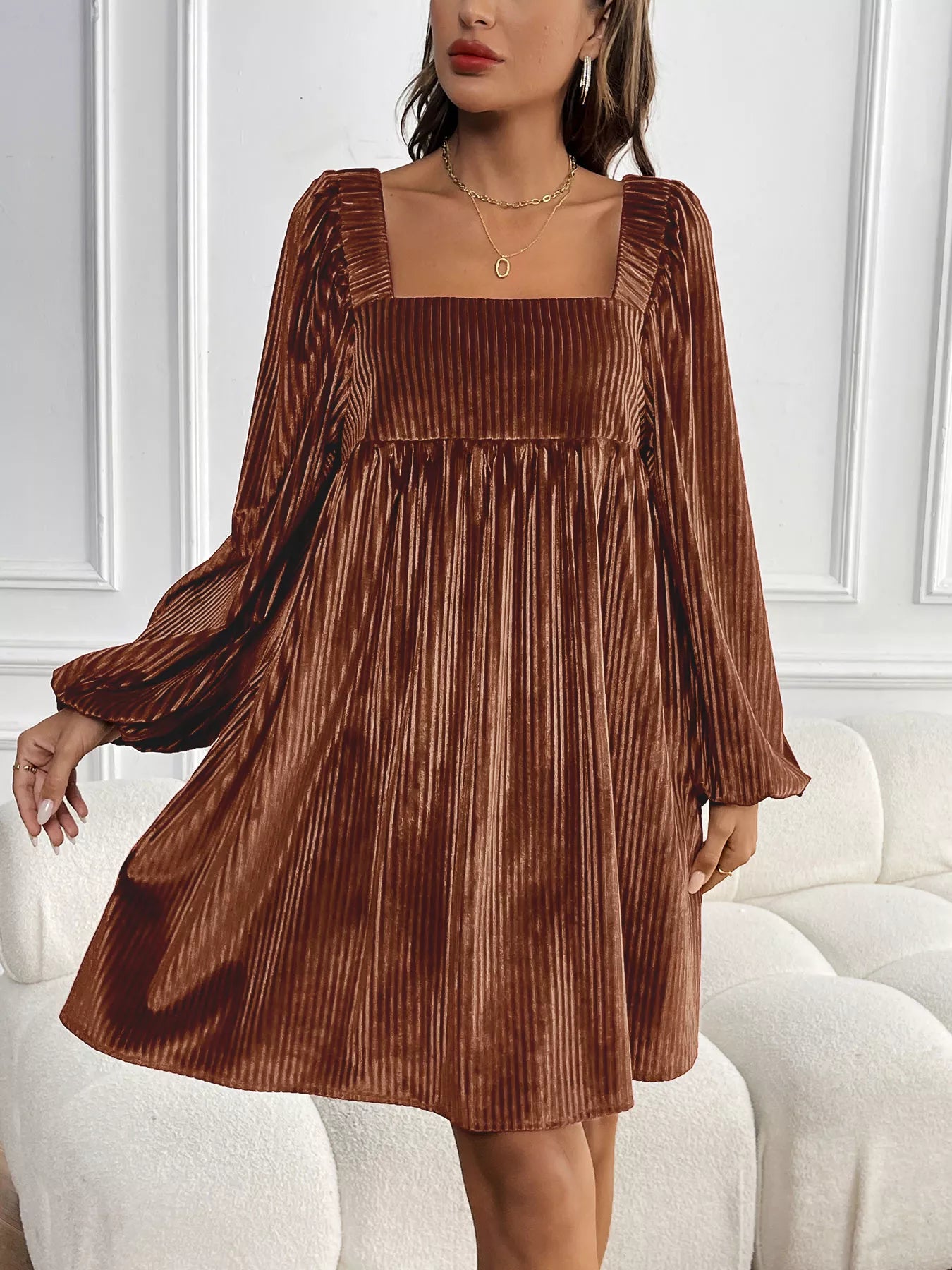 Brown Textured Velvet Square Neck Long Sleeve Dress