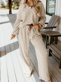 Thin Stripe Collared Baggy Top and Drawstring Pant Set Khaki Stripe Trendsi Brown Striped Wide Leg Pants Set