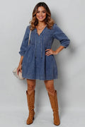 Tie Neck 3/4 Sleeve Mini Denim Dress Dark Trendsi Denim Dress