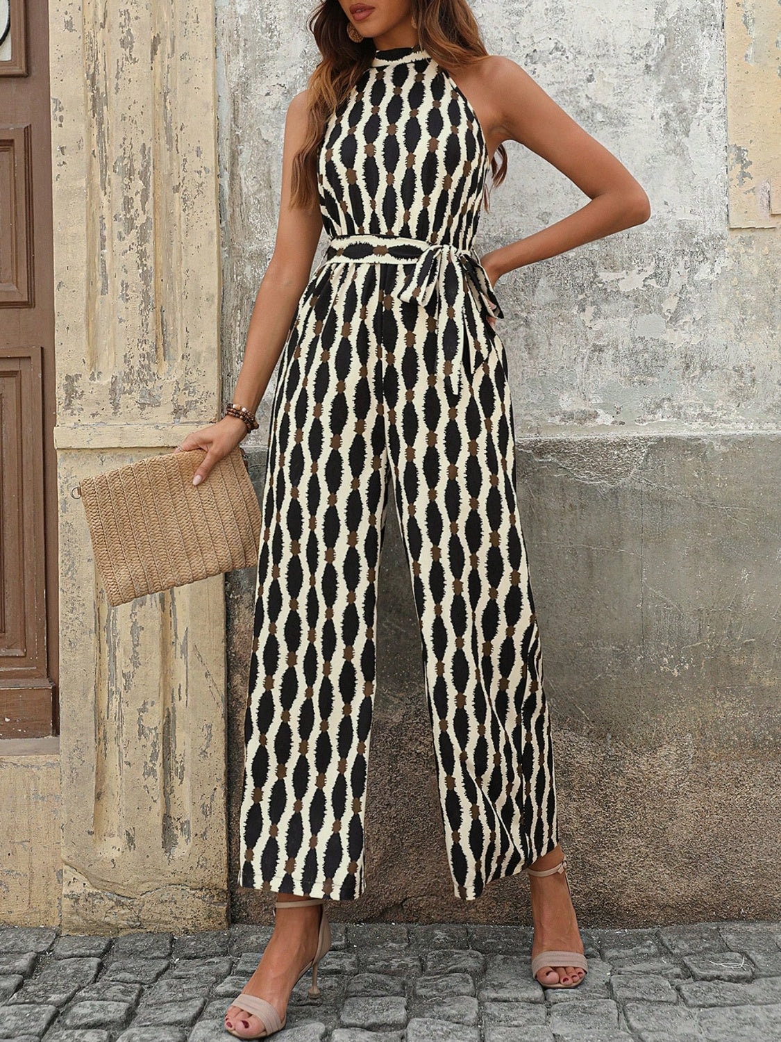 B&W Geo Printed Grecian Neck Jumpsuit