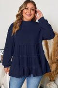 Tiered Ruffle Ribbed Crew Neck Long Sleeve Top Navy Blue 65%Polyester+35%Cotton Bazarre Mart Plus Size/Plus Size Tops/Plus Size Blouses & Shirts