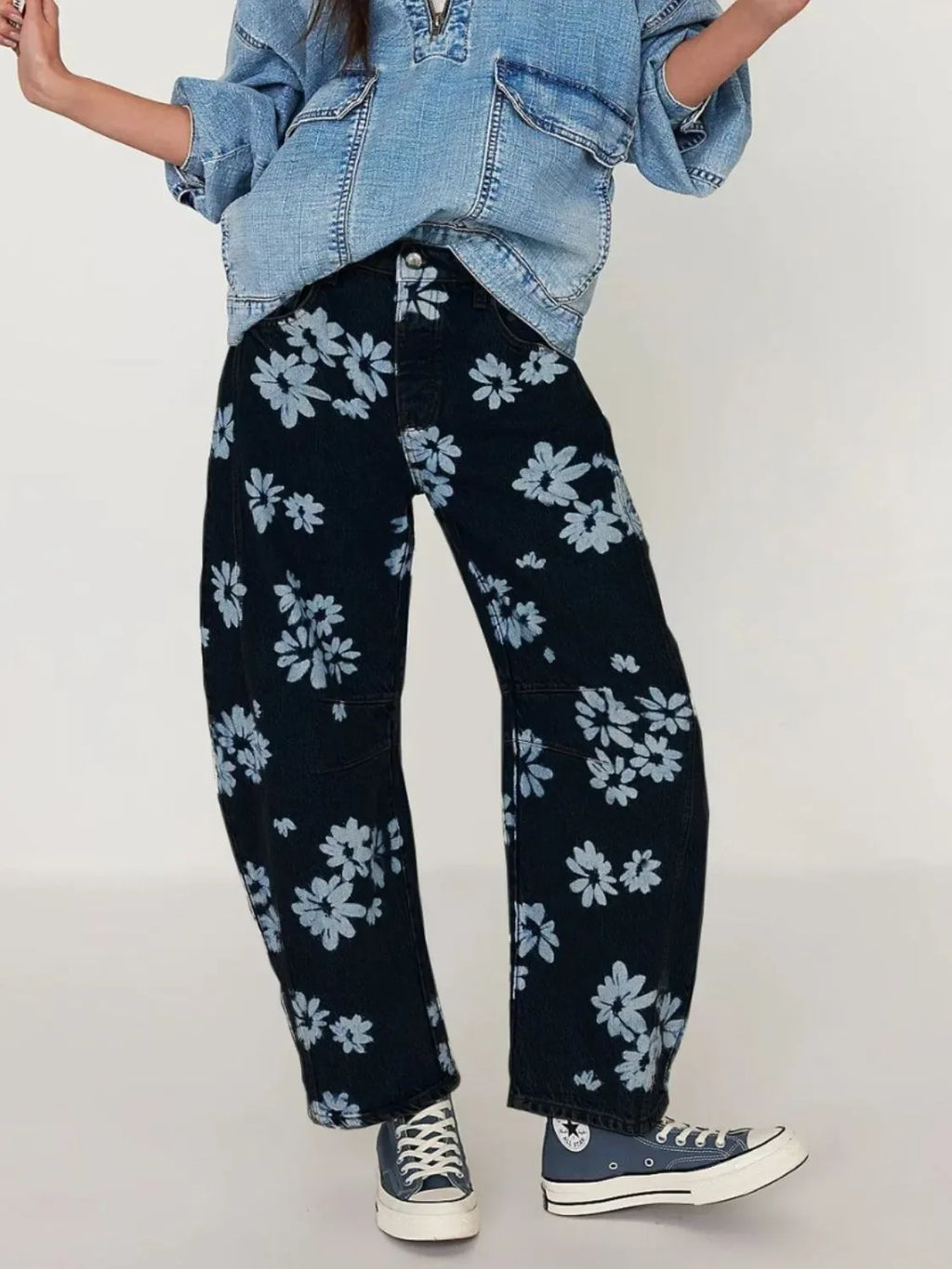 Trendy Printed Wide Leg Jeans Black Bazarre Mart Pants