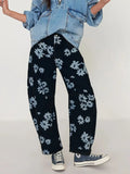 Trendy Printed Wide Leg Jeans Black Bazarre Mart Pants