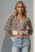 Trendy Striped Bow Closure Cropped Cardigan Black Bazaare Mart Striped Bow Decor Cropped Cardigan