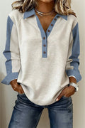 Two-Tone Denim Long Sleeve Polo Shirt Light Grey 65%Polyester+35%Cotton Shewin Long Sleeve Tops