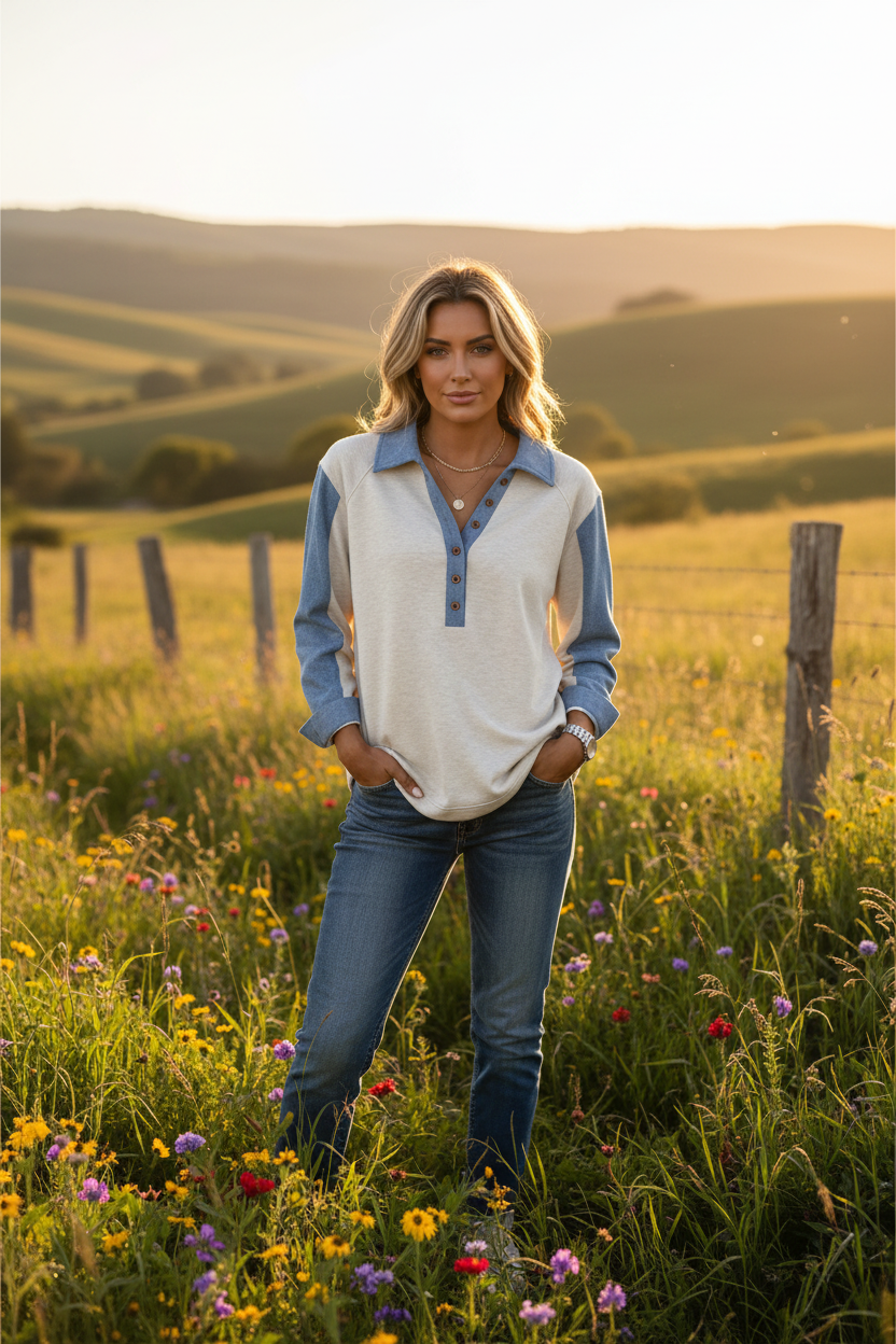 Two-Tone Denim Long Sleeve Polo Shirt Shewin Long Sleeve Tops