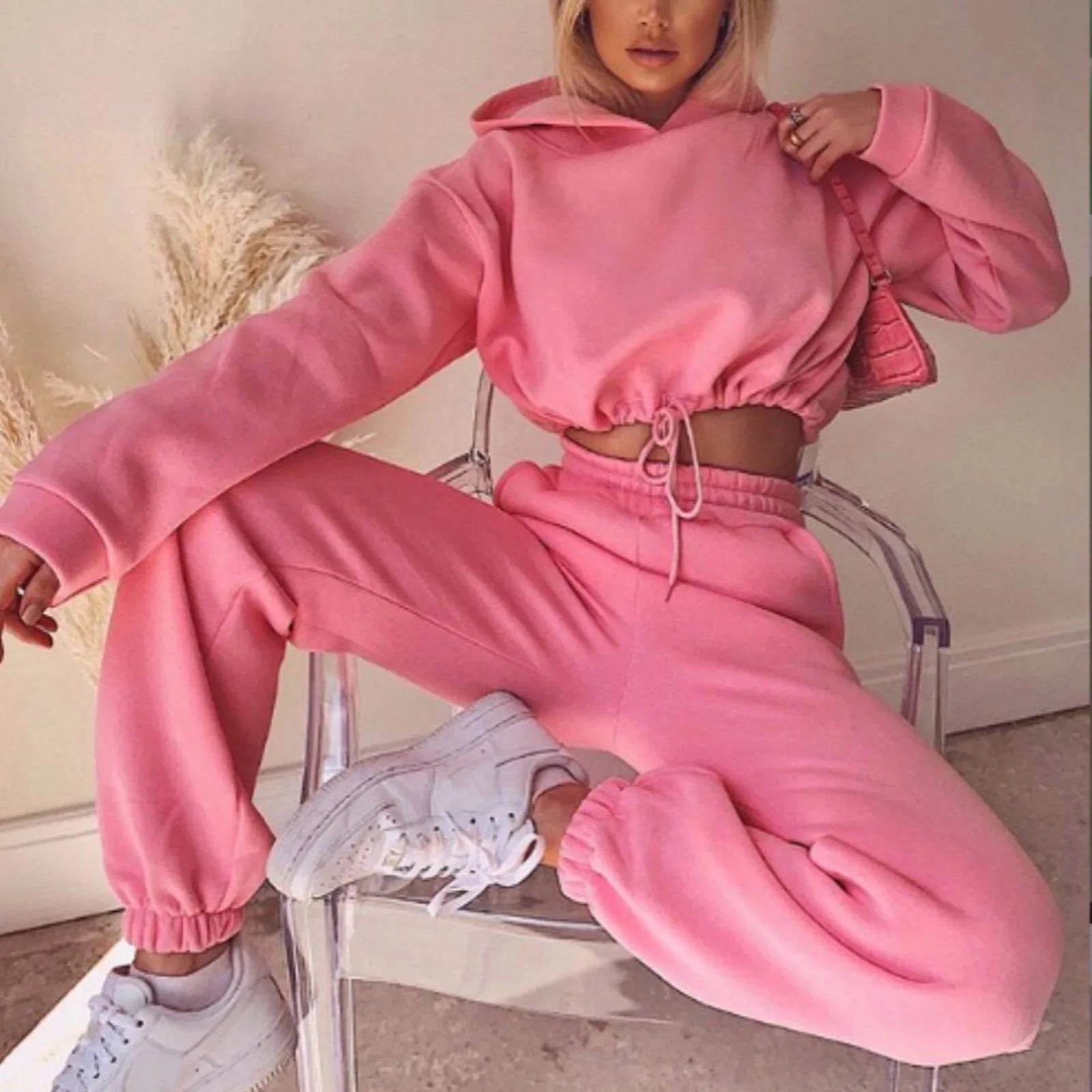 Two Piece Cropped Pullover Hoodie Sweatsuit