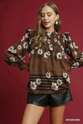 Umgee Brown Mix Floral Smocked Ruffle Blouse BROWN MIX Bazaare Mart Blouse