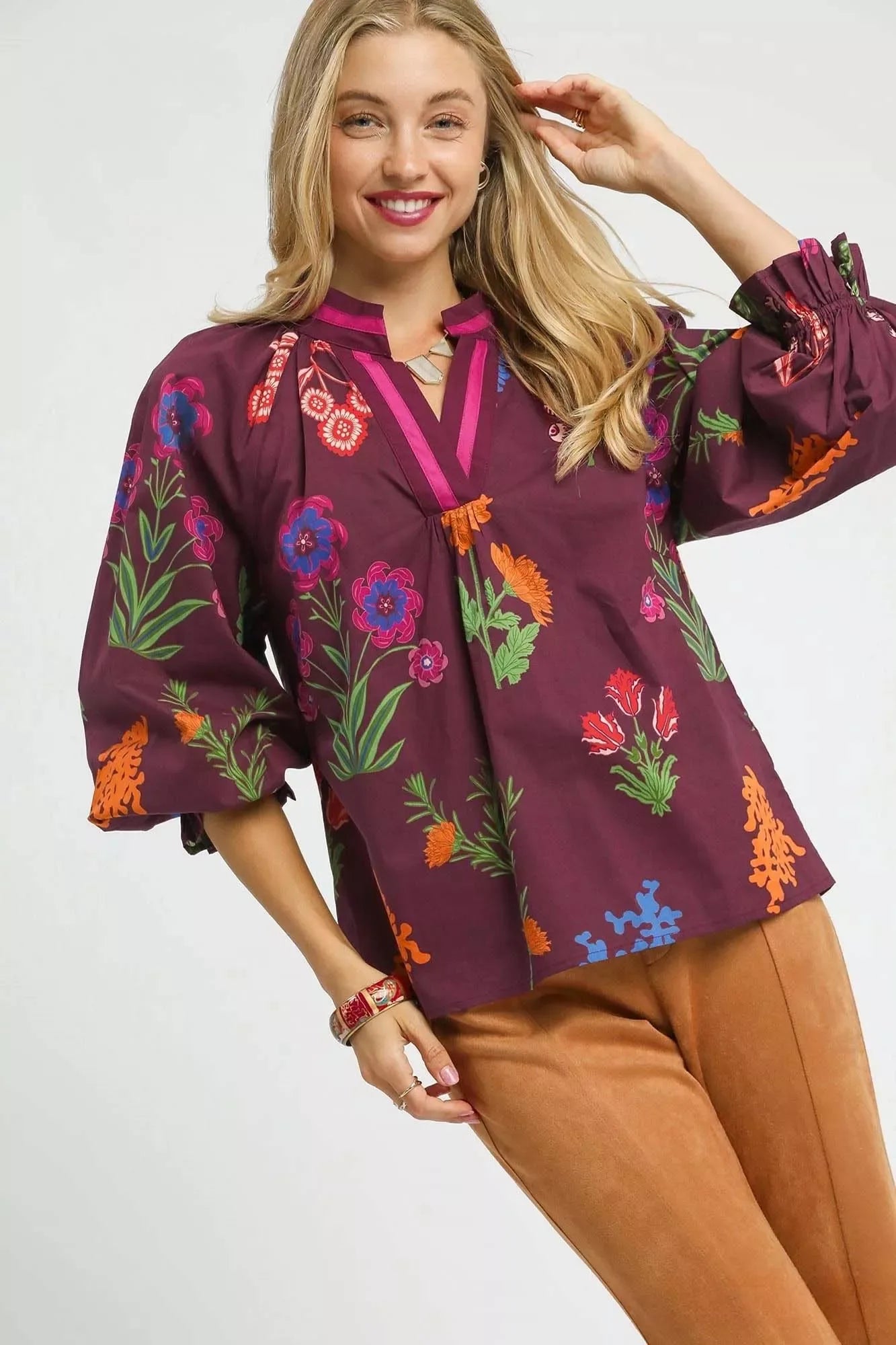 Umgee Burgundy Floral Flounce 3/4 Sleeve Blouse BURGUNDY MIX Bazarre Mart Umgee Floral Print Flounce Sleeve Blouse