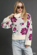 Umgee Floral Patterned Mock Neck Sweater CREAM MIX Bazarre Mart Umgee Floral Patterned Mock Neck Sweater