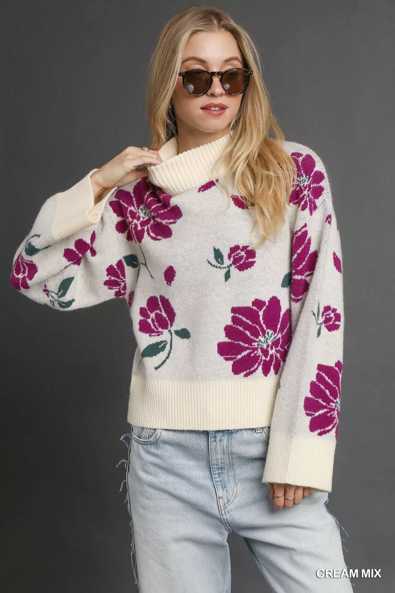 Woman wearing a floral sweater 