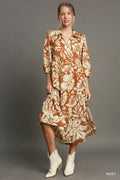 Umgee Rust Floral Tiered Midi Shirt Dress Rust Trendsi Long Sleeve Floral Dress