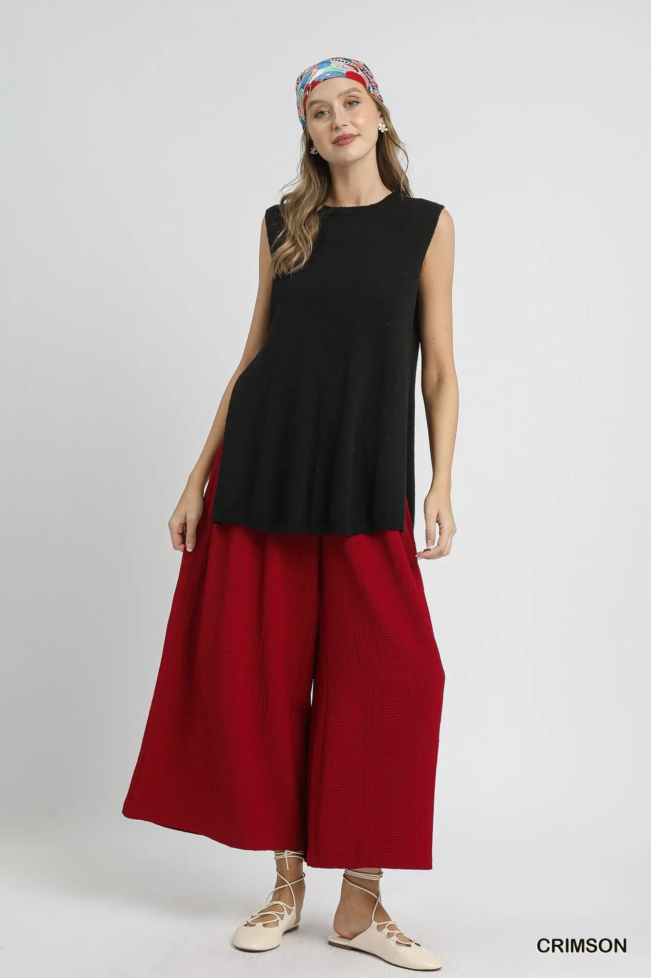 Umgee Red Elastic Waist Extra Wide Leg Pants
