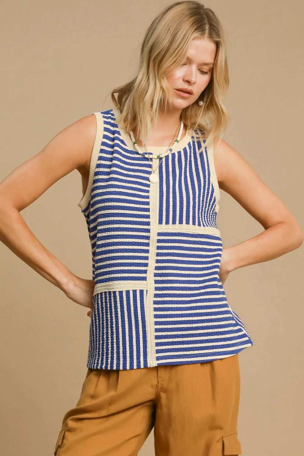 Umgee Round Neck Texture Navy & Beige Striped Tank