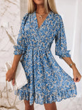 V-Neck Ruffled Hem 3/4 Sleeve Floral Dress Blue Bazaare Mart Ruffled Hem Floral Dress Plus Size