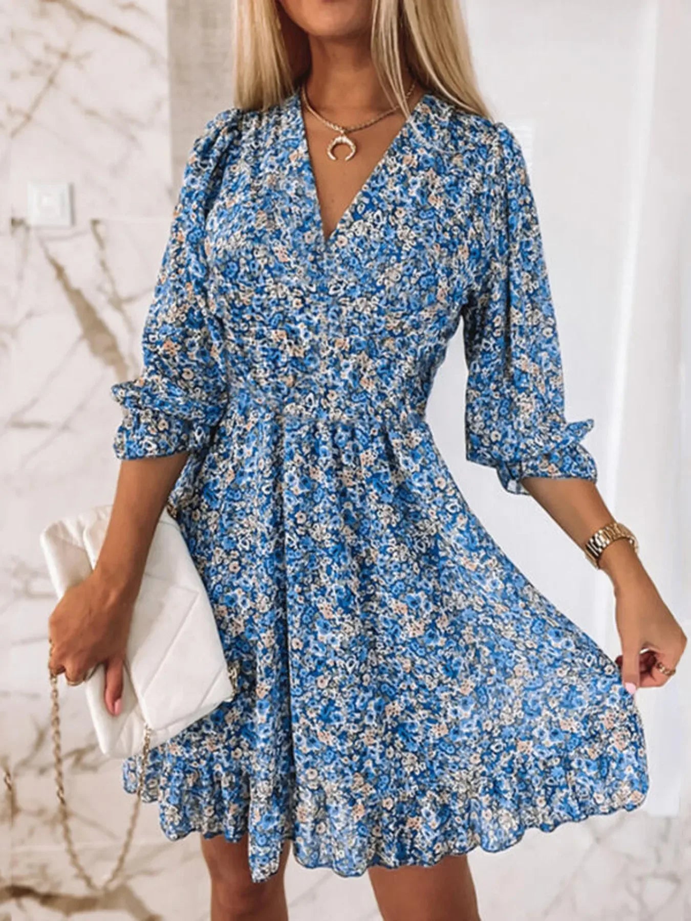 V-Neck Ruffled Hem 3/4 Sleeve Floral Dress Blue Bazaare Mart Ruffled Hem Floral Dress Plus Size