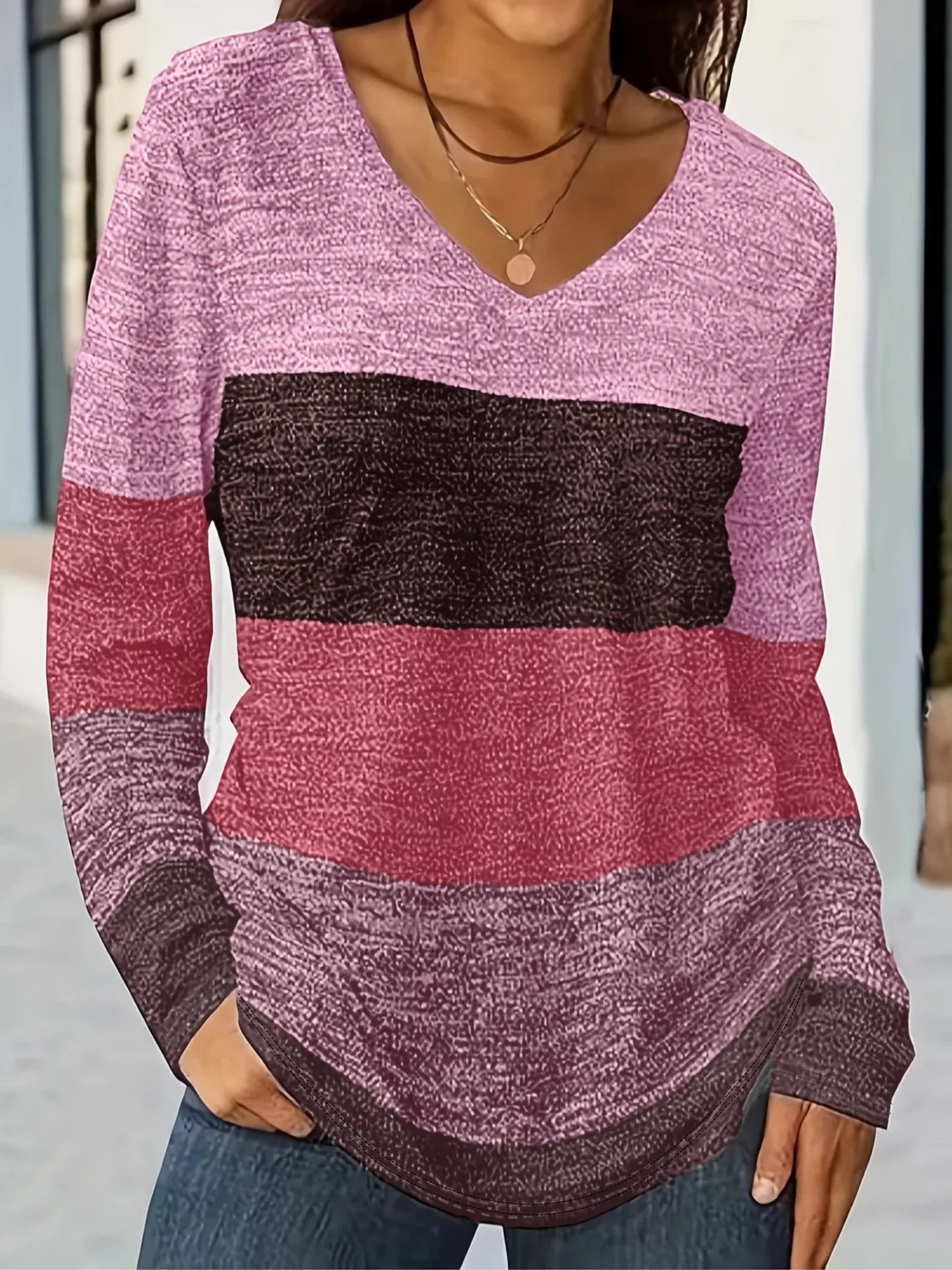 V-Neck Berry Striped Color Block Long Sleeve Top 