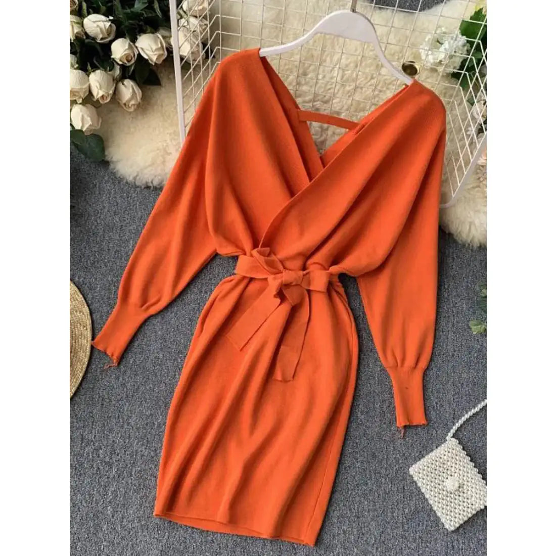 Orange V-Neck Sweater Dresses