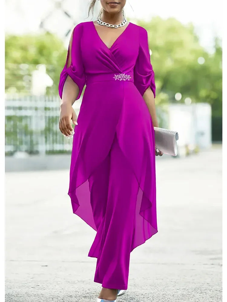 V-neck Chiffon 2-piece Plus Size Jumpsuit